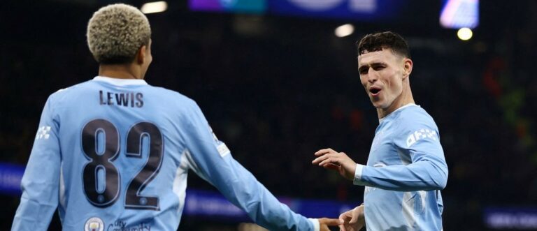Manchester City v AEK Athens - Etihad Stadium, Manchester, Britain - October 20, 2026 Manchester City's Phil Foden celebrates scoring their fourth goal with Rico Lewis Action Images via Reuters/Lee Smith