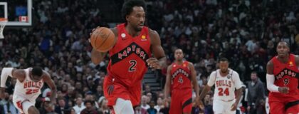 Toronto Raptors forward Kawhi Leonard (2) dribbles against the Chicago Bulls during the second quarter at Scotiabank Arena. Mandatory Credit: Nick Turchiaro-Imagn Images