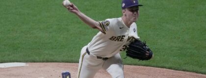 Milwaukee Brewers pitcher Jacob Misiorowski (32) throws during the first inning during Game 1 of the World Series against the Tampa Bay Rays at American Family Field on Oct 23, 2026.