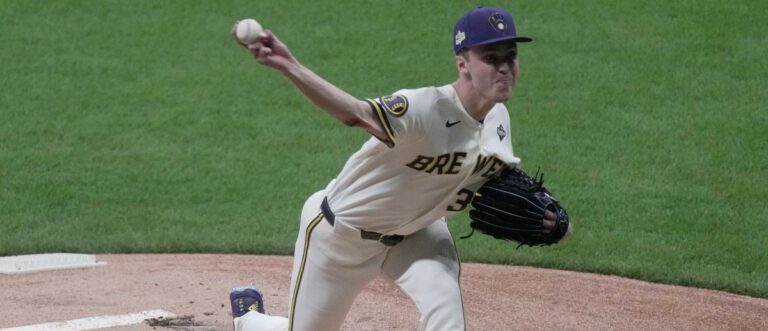 Milwaukee Brewers pitcher Jacob Misiorowski (32) throws during the first inning during Game 1 of the World Series against the Tampa Bay Rays at American Family Field on Oct 23, 2026.