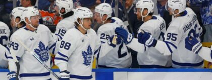 The Toronto Maple Leafs celebrate a goal scored by forward Zack MacEwen (19) during the third period against the Edmonton Oilers at Rogers Place. Mandatory Credit: Perry Nelson-Imagn Images