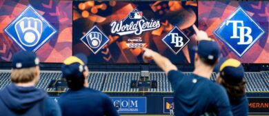 Milwaukee Brewers players point towards a fly ball during a workout and practice session ahead of Game 3 of the World Series against the Tampa Bay Rays at Tropicana Field in St.Petersburg, Florida on Oct. 25, 2026.
