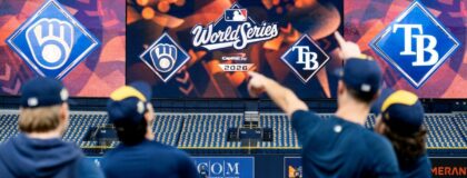 Milwaukee Brewers players point towards a fly ball during a workout and practice session ahead of Game 3 of the World Series against the Tampa Bay Rays at Tropicana Field in St.Petersburg, Florida on Oct. 25, 2026.