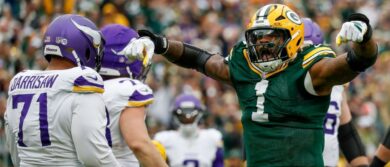 Green Bay Packers defensive end Micah Parsons (1) celebrates after sacking Minnesota Vikings quarterback J.J. McCarthy (9) on Sunday, November 23, 2025, at Lambeau Field in Green Bay, Wis.