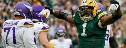 Green Bay Packers defensive end Micah Parsons (1) celebrates after sacking Minnesota Vikings quarterback J.J. McCarthy (9) on Sunday, November 23, 2025, at Lambeau Field in Green Bay, Wis.
