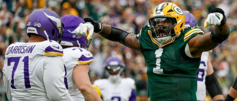 Green Bay Packers defensive end Micah Parsons (1) celebrates after sacking Minnesota Vikings quarterback J.J. McCarthy (9) on Sunday, November 23, 2025, at Lambeau Field in Green Bay, Wis.