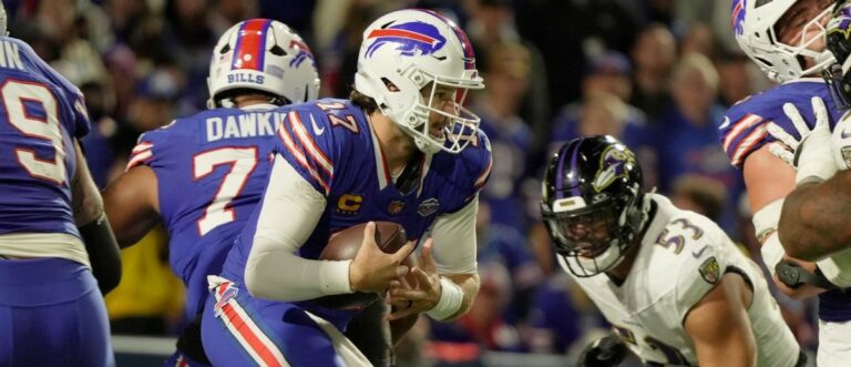 Buffalo Bills quarterback Josh Allen runs with the ball during the second half of their game against the Baltimore Ravens at Highmark Stadium in Orchard Park on Sept. 7, 2025.