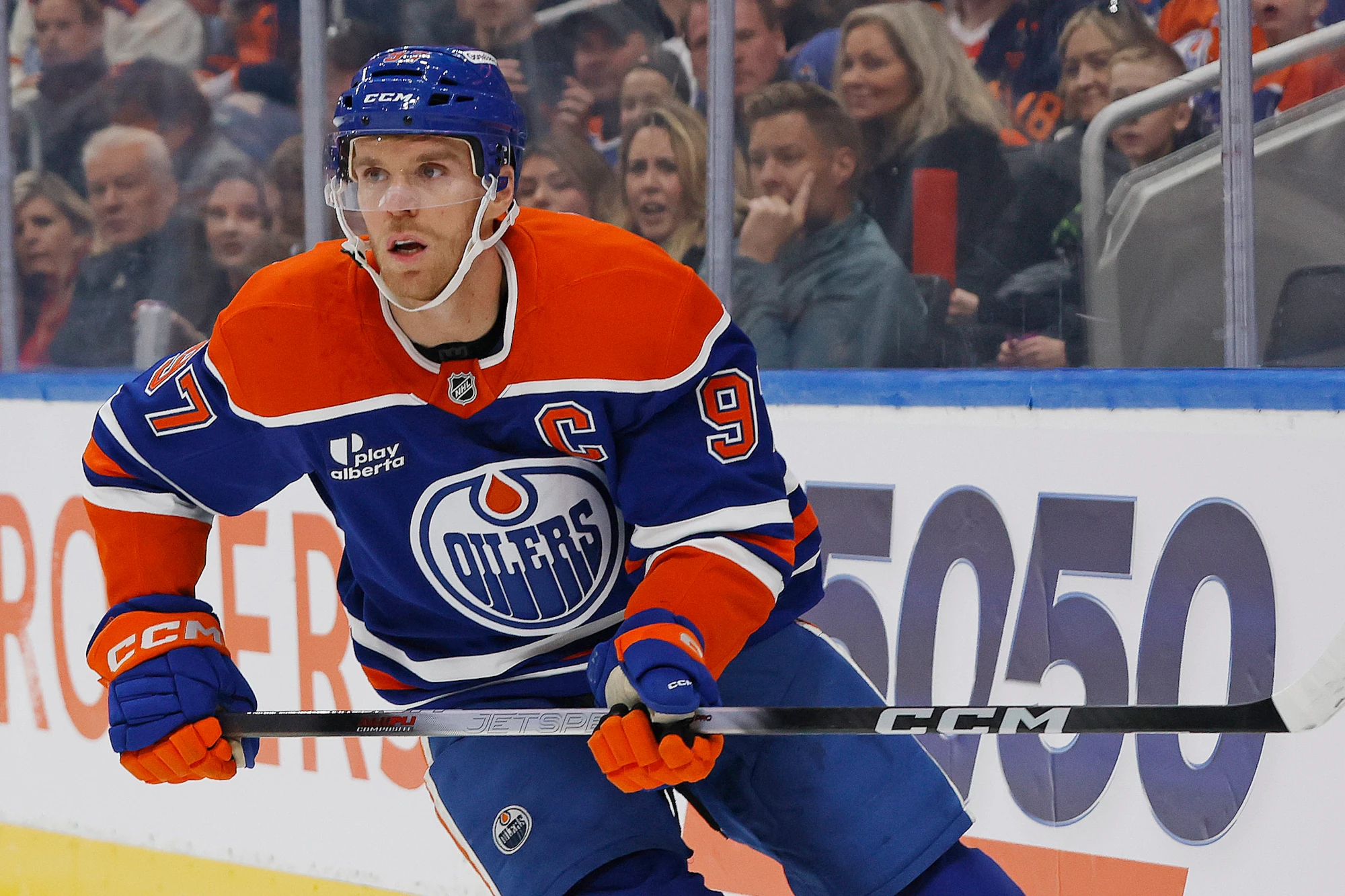 Sep 26, 2026; Edmonton, Alberta, CAN; Edmonton Oilers forward Connor McDavid (97) follows the play against the Calgary Flames at Rogers Place.