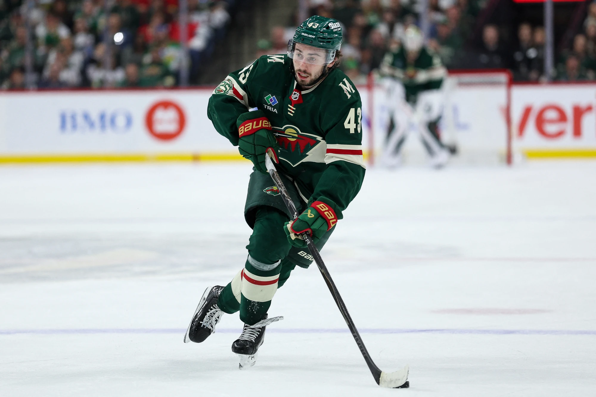 May 11, 2026; Saint Paul, Minnesota, USA; Minnesota Wild defenseman Quinn Hughes (43) skates with the puck against the Colorado Avalanche during the second period in game four of the second round of the 2026 Stanley Cup Playoffs at Grand Casino Arena. 