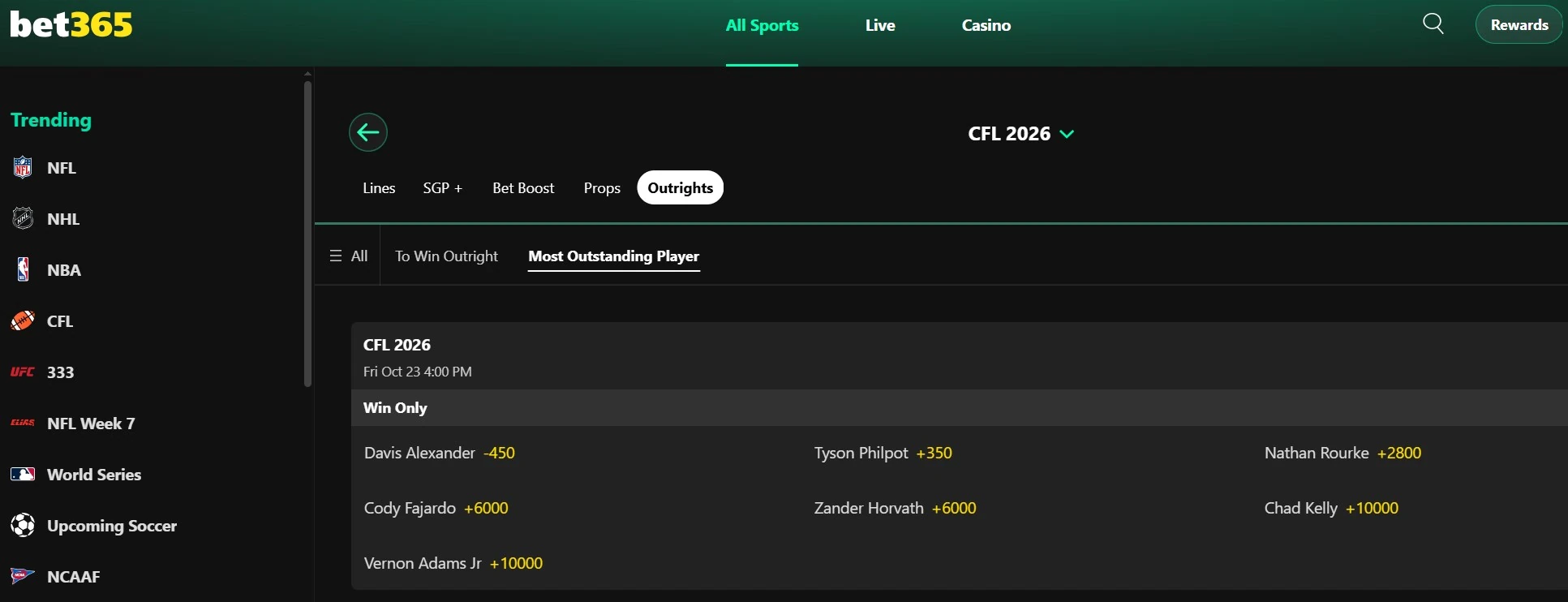 A desktop view of bet365's 2026 CFL MOP Odds
